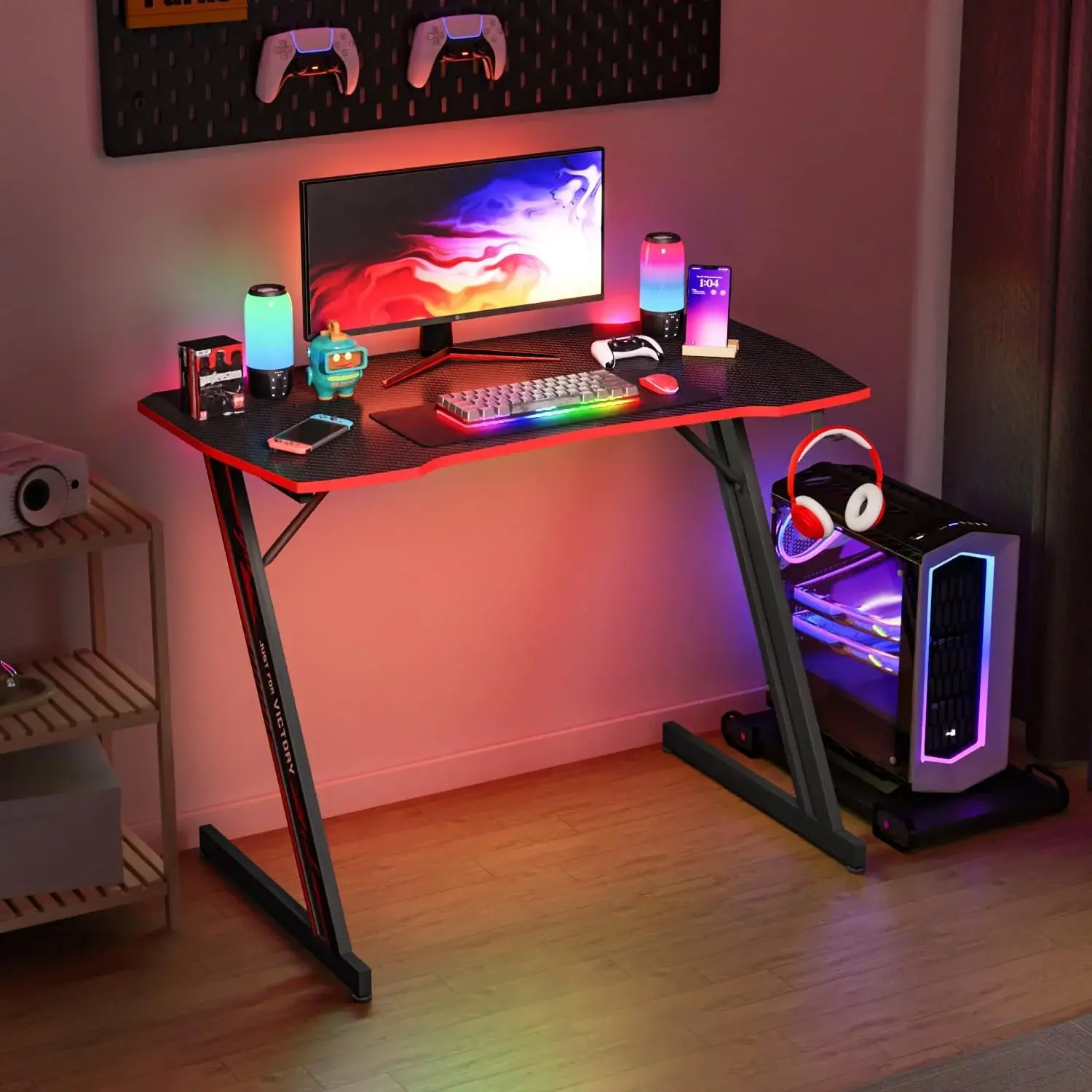Paylesshere 39 Inch Z-Shaped Gaming Desk with Headphone Hook Sturdy with Spacious Desktop,Red PayLessHere