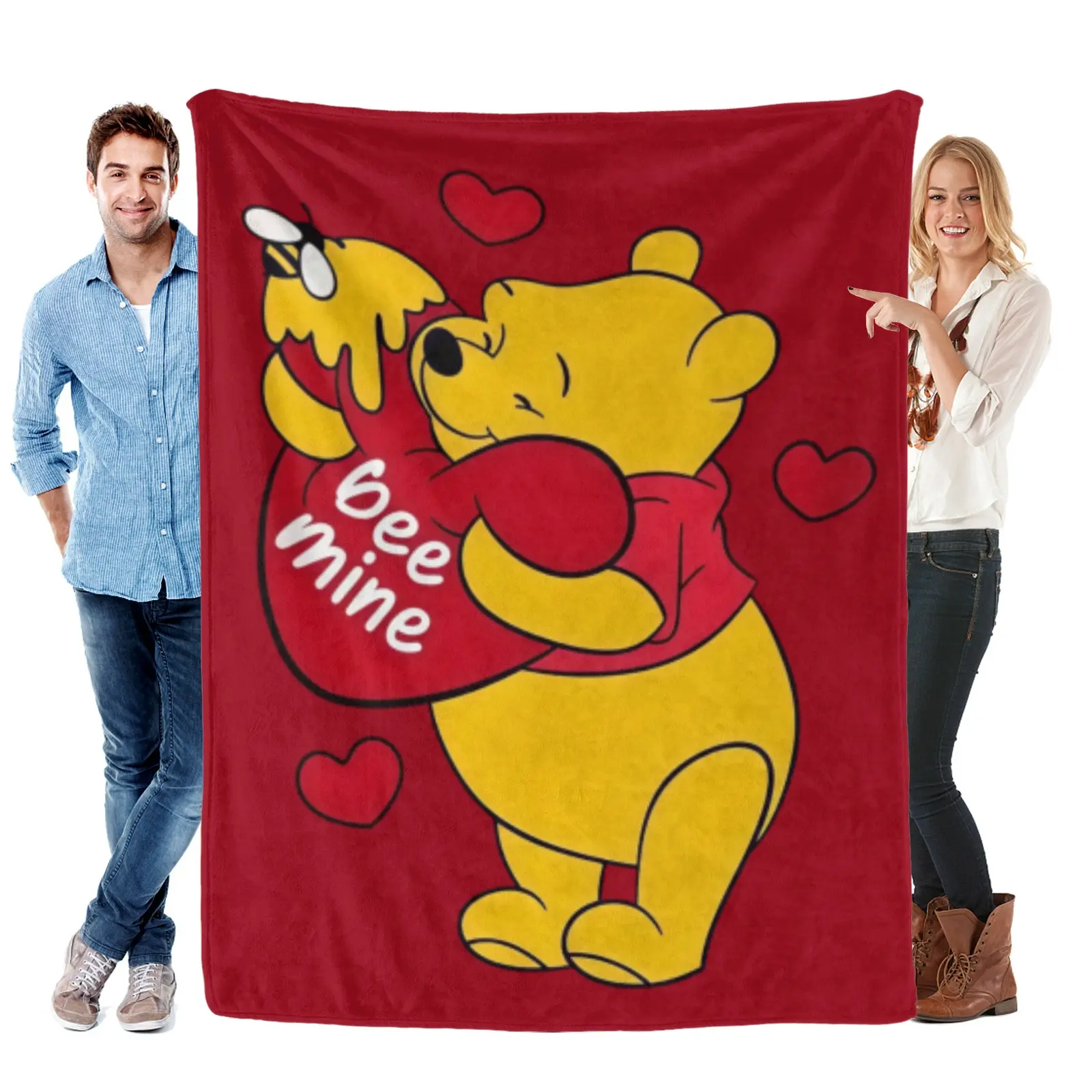 Disney Winnie Pooh Bee Mine Red Heart Blanket,Flannel,Couple Valentine Bedroom Aesthetic Decor
