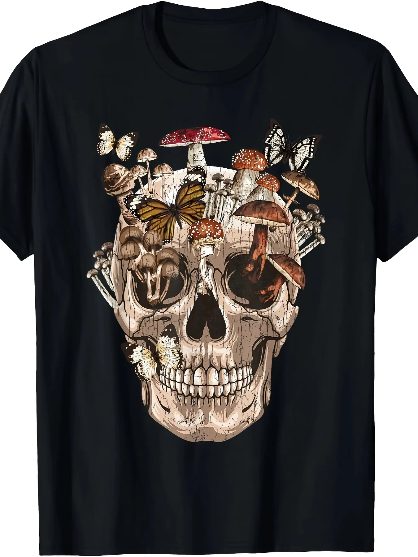 Vintage Mushroom Skull Graphic Top for Menswear, 100% Cotton Comfy Casual Alt Streetwear, Round Neck for Nature Lovers, Classic, Relaxed Fit, Shortsleeve