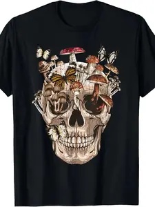 #TikTokShopRestock  Plus Size Mushroom Clothing, Mushroom Collector Skull Graphic Gift T-Shirt, Vintage Aesthetic Tee, Dark Forest Alt Streetwear, Cottagecore Vibe, Soft Casual Top for Nature Lovers, Trendy Gift Idea