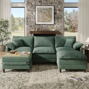 [2-3 Packages Shipping] Copiae 108" -143.7” L/U-Shaped Modular Cloud Sofa, Movable Dual-Function Ottomans Convertible to Coffee Table, Corduroy Sectional Couch with Three-Layer High-Resilience Foam Cushions, Easy Assembly for Apartment