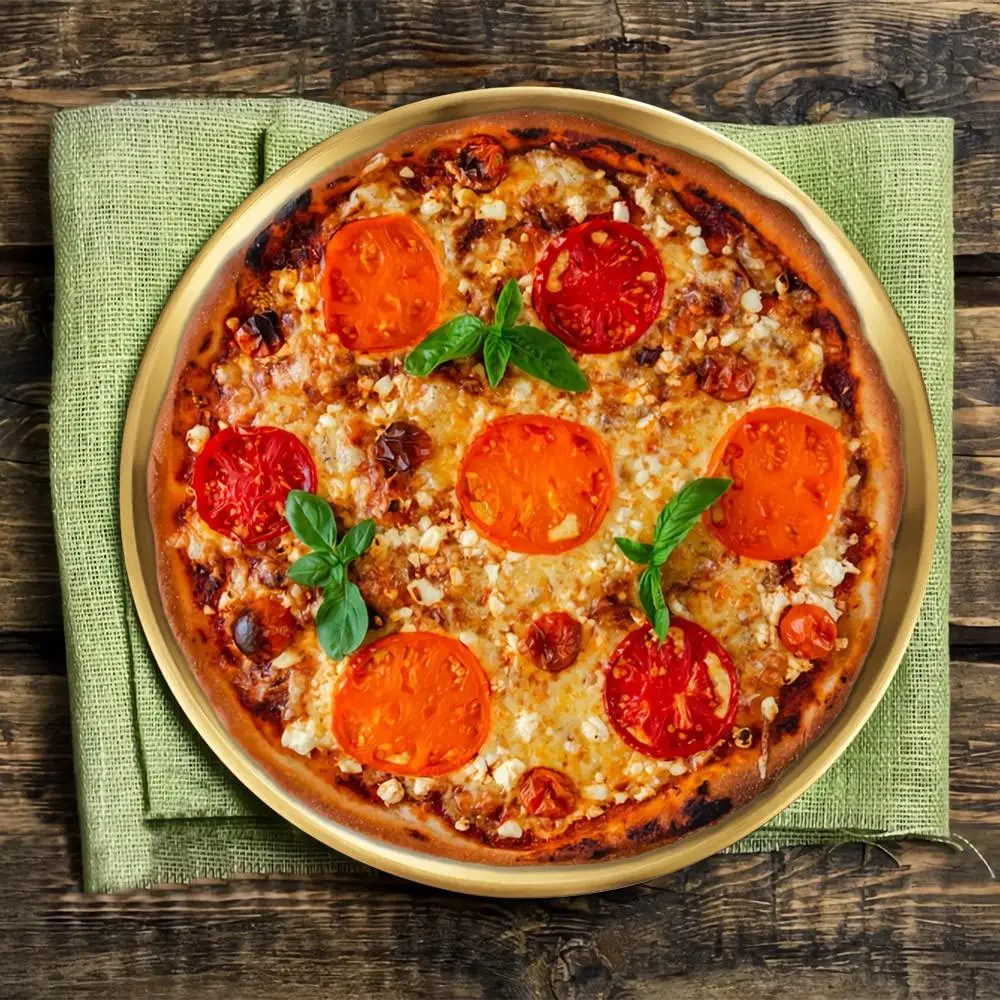 1pc Golden Pizza Plates, Stainless Steel Dinner Plate, Round Golden Tray, Food Serving Plate, Dish, For Home Kitchen, Restaurant, Party Use