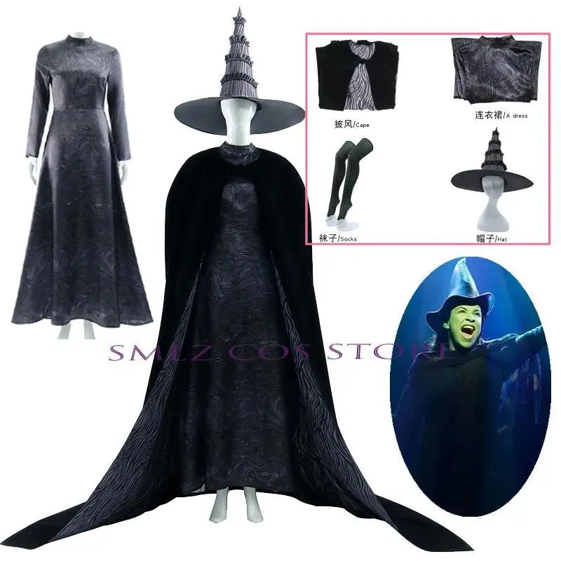 Movie Wicked Cosplay Elphaba Cosplay Costume Black Witch Dress Cloak Hat Uniform Set Halloween Party Women