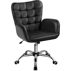 Faux Leather Office Chair Modern Vanity Chair Ergonomic Adjustable Computer Chair with Wide Seat, Padded Armrests for Study, Bedroom BlackComputer chair home simple and comfortable girls bedroom makeup chair dormitory chair