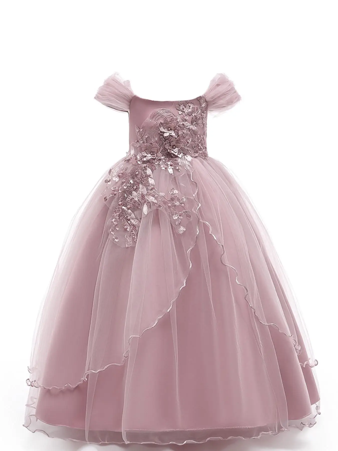 Girl's Appliques Beaded Off Shoulder Tiered Layer Satin Dress, Elegant Contrast Mesh Bow Decor Zipper Back Fit & Flare Dress for Party Evening Formal