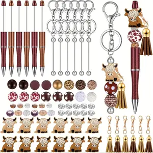 108pcs Bead Pen and Keychain Set, Including 8Pens, 6Keychains, 28Large Hole Beads, 12Highland Cow Bead Beads, 12Tassels, 12Lobster Clasps, and 30Spacer Beads for School Office DIY Craft Gifts