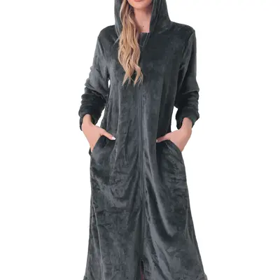 Women Robe Casual Nights Women's Zip-Front Lounger Robe Long
