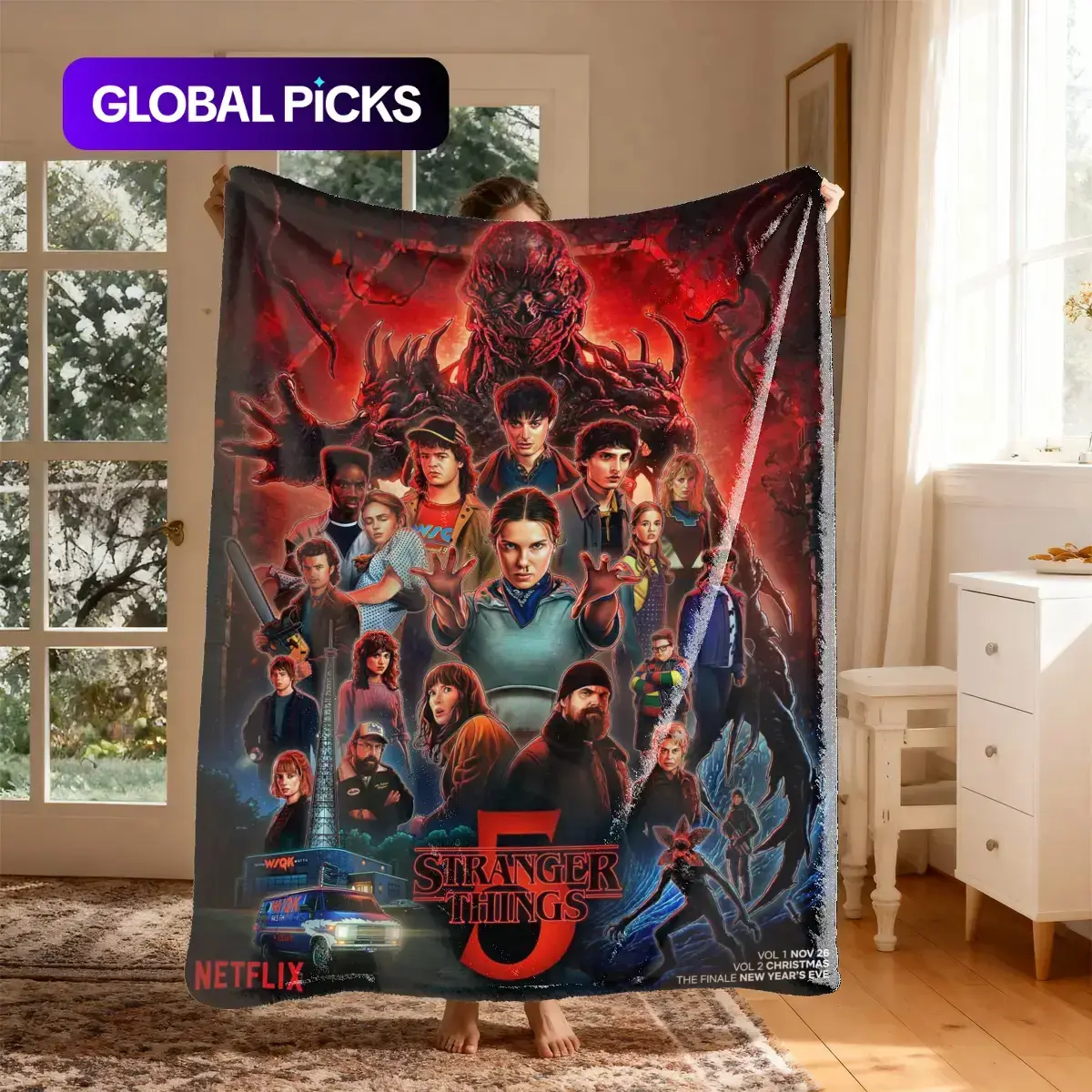 Stranger Things Season 5 Flannel Throw Blanket, Soft Plush Lightweight Fleece Bedding for Couch Sofa Bed, Large Warm Cozy Blanket, Decorative Netflix Themed Room Decor, Essential Holiday Christmas Gift for Anime & Movie Fan Lovers