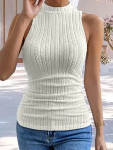New Summer Sleeveless High Neck Knit Vest, Solid, Ruched Design, Slim-Fitting, Elegant Fashion, Commuter Wear, Versatile Top
