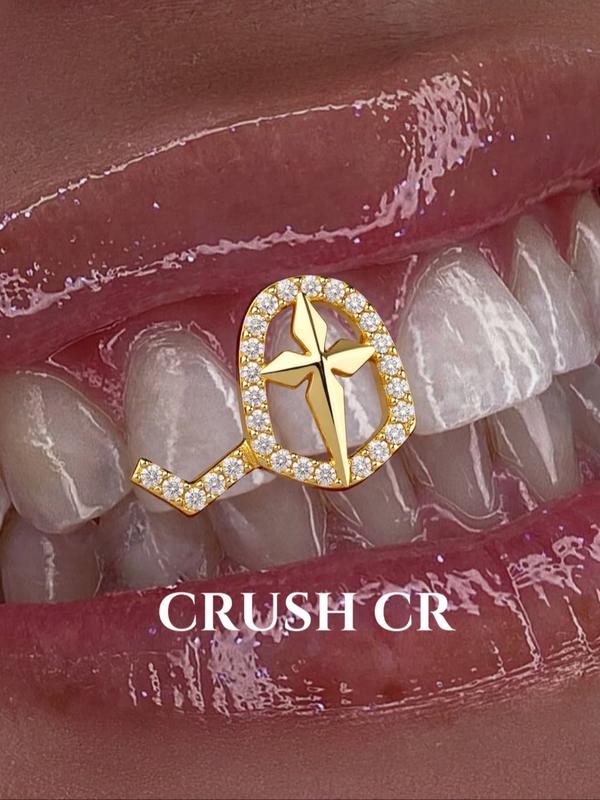 CRUSH CR 1pc 18K Gold Plated Copper Cross Star Grillz with CZ Stones, Silver & Gold Finish – Elegant Hip-Hop Tooth Jewelry Tooth Gems for Female, Black Women, Girls, Men & Boys. Perfect for Parties, Halloween, Cosplay & Gifts! Trendy Bling Accessory