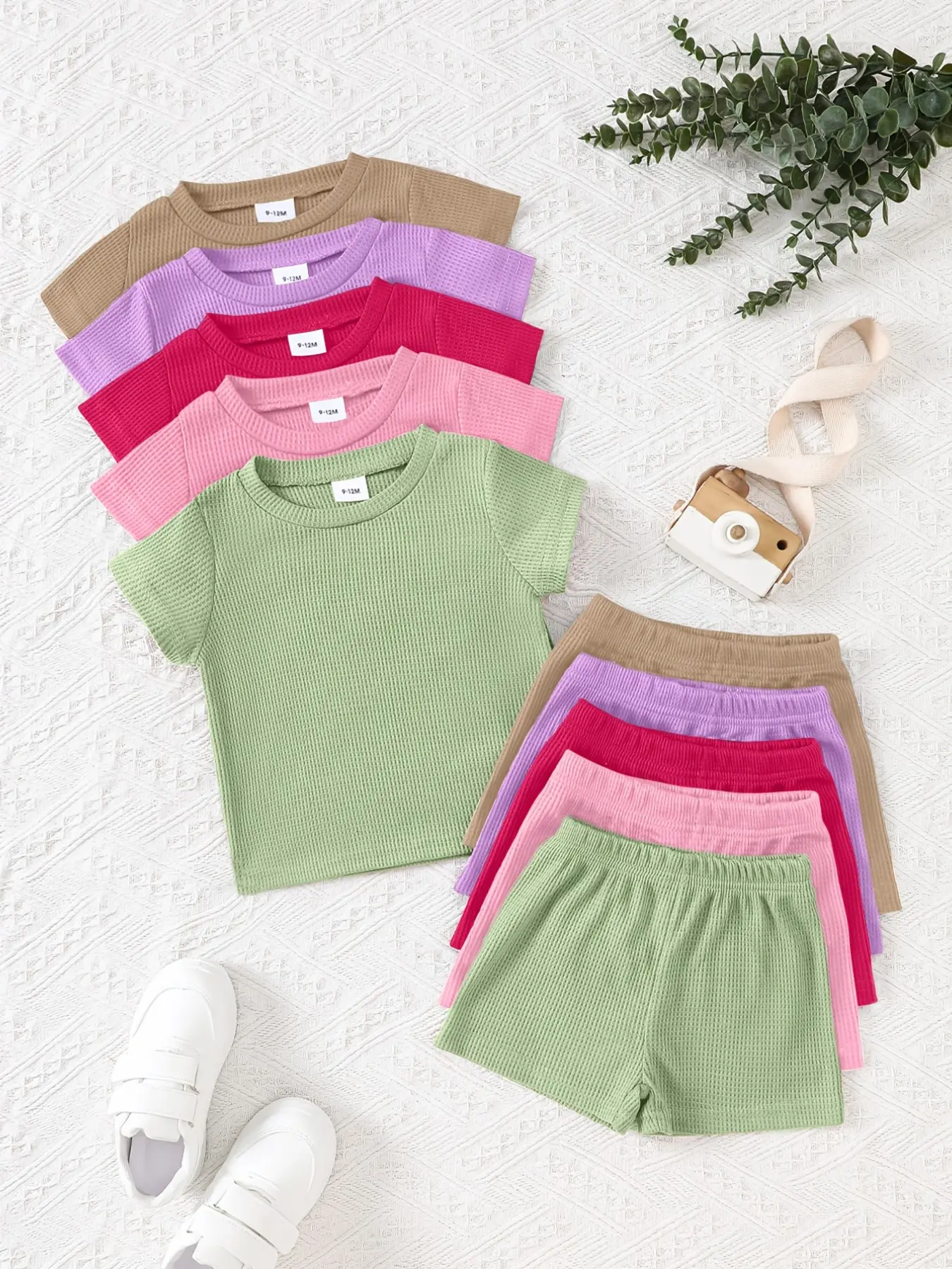 10-Piece Girls' Casual Solid Color Soft Comfortable Waffle Knit Short Sleeve Top & Shorts Set for Daily Wear, Fashion Summer Clothing Set, Summer Outfits