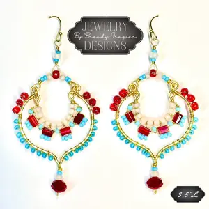 Jewelry Designs by Brandy Frazier Handcrafted Earrings Handmade wire wrapped Beaded drop dangle with hand shaped work hardened brass findings and gold plated ear wires Faceted red beads while red iridescent & aqua glass seed beads dangling earring woman