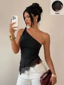 Black One Shoulder Lace Trim Cami Top – Asymmetrical Ruched Sleeveless Blouse with Lace Hem – Elegant & Edgy Streetwear Style, Soft Stretchy Fabric, Slim Fit, Unique Side Knot Detail, Versatile Night Out & Casual Wear, Flattering for Curvy Women & Tre