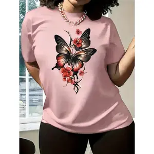100% cotton, floral & butterfly pattern print + short sleeve + crew neck T-shirt, multiple colors available