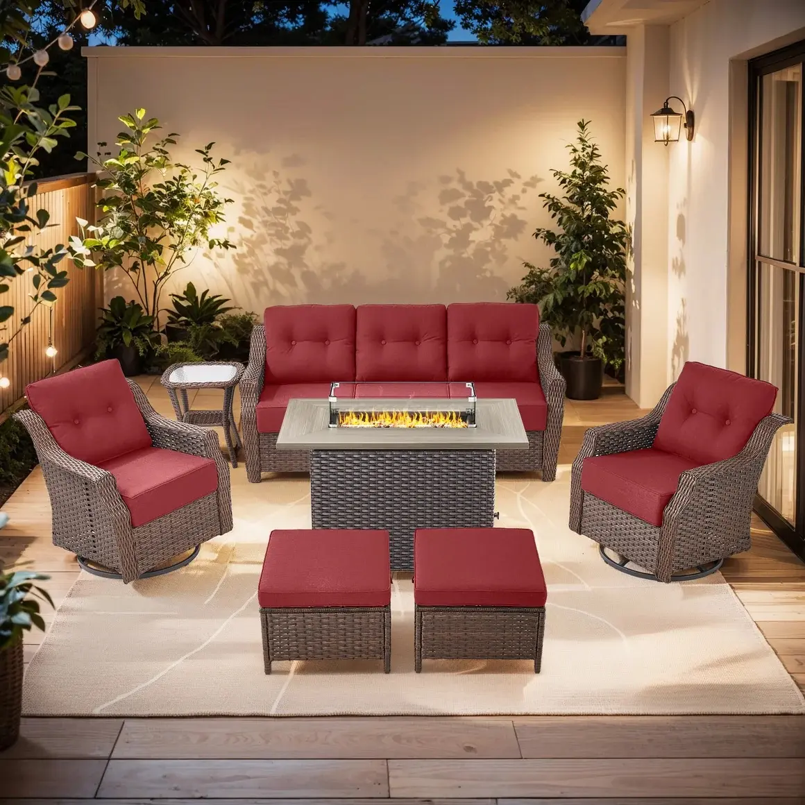 Belord 7-Piece Wicker Swivel Glider Sofa & Fire Pit Table Set, Brown Wicker - Beige Cushions, OVOLO Series