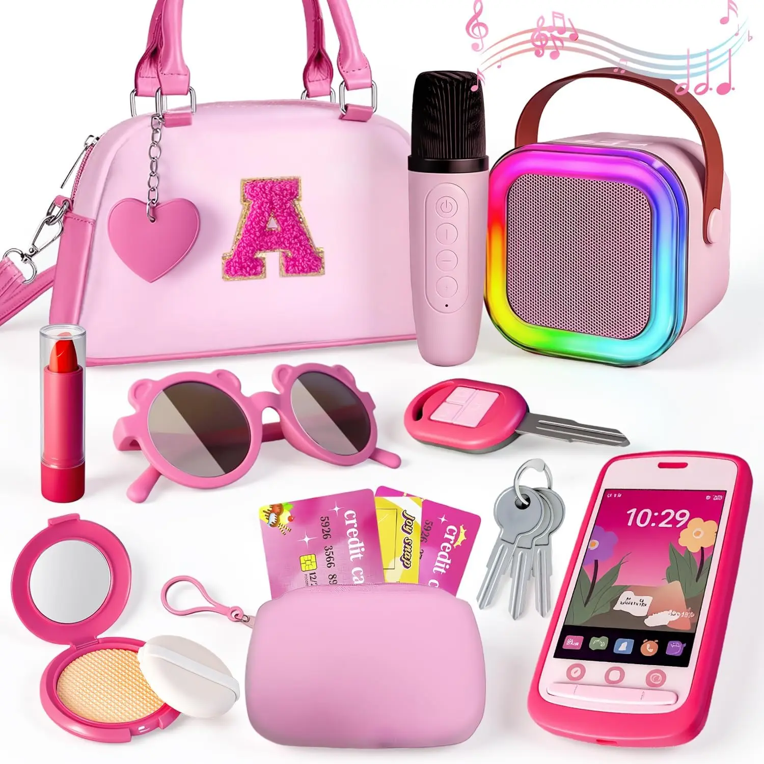 Play Purse for Little Girls, Kids Purse with Pretend Play Princess Toys Includes Handbag, Mini Karaoke Machine, Phone,Wallet, Key,Toddler Purse Birthday Gift for Girls Age 3 4 5 6+