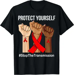 100% Cotton Raising Hand Protect Yourself HIV/AIDS Awareness Red Ribbon T-Shirt