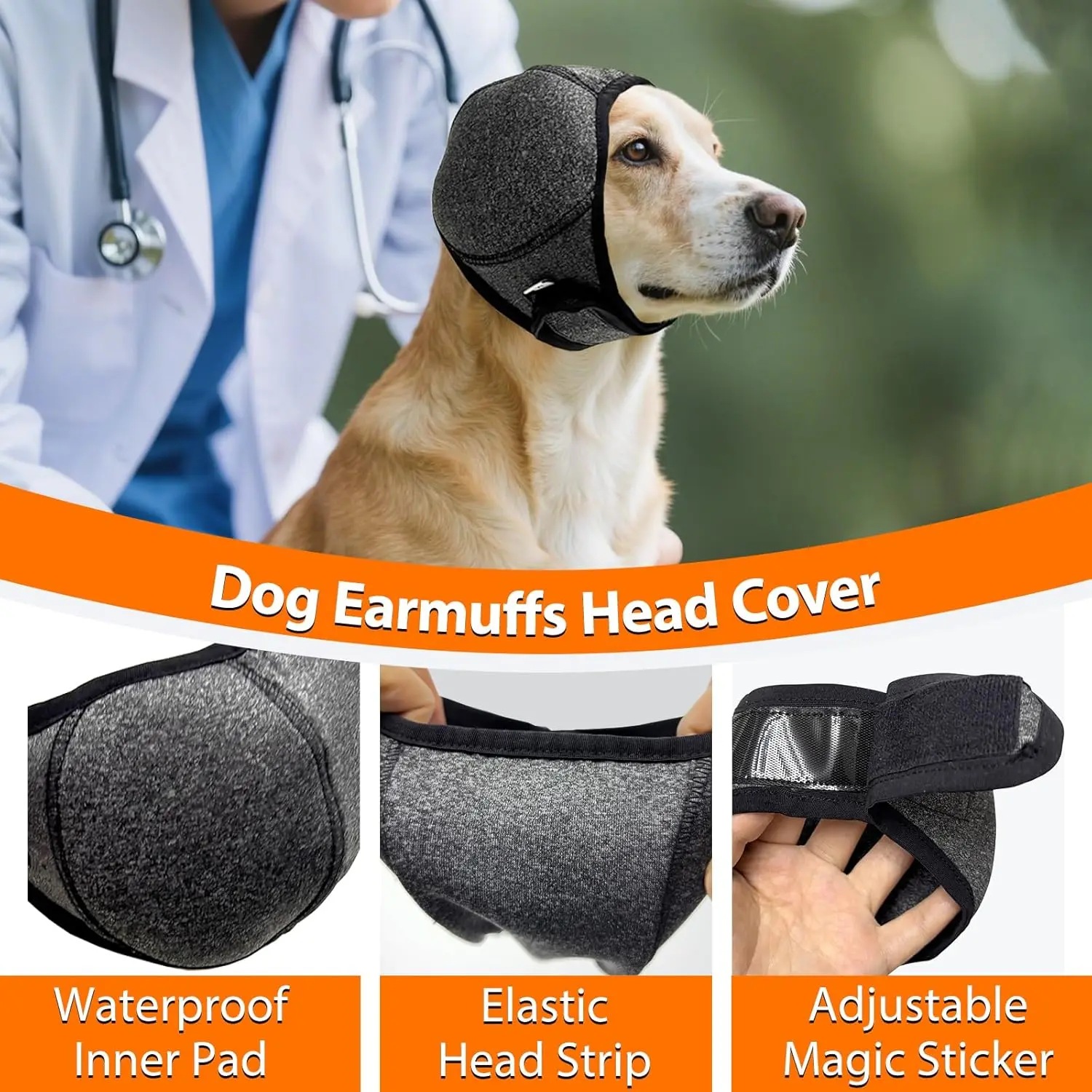 Dog Calming Hoodie Ear Wraps for Dogs, Waterproof Dogs Swim Cap, Pet Ear Cover Muffs for Anxiety Relief Noise Cancelling, Doggy Head Warp Ear Protection for Hematoma Fireworks Bath Swim Blow（Grey)