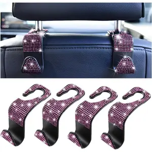 4 count Bling  Seat Headrest Hooks,  Rhinestone  Seat  Hanger for Grocery Purses Handbags,  Auto Seatback Storage Organizer Hanger, Universal for   (Pink)