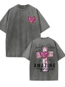 Women's "Saved by His Grace" Faith T-Shirt - Pink, Cross Design, Heart Theme
