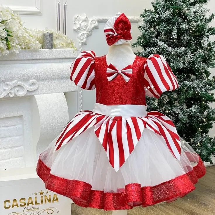 Baby Girls' Sleeveless Printed Striped Dress & Headdress Set, Casual Christmas Baby Clothing Toddler Outfit