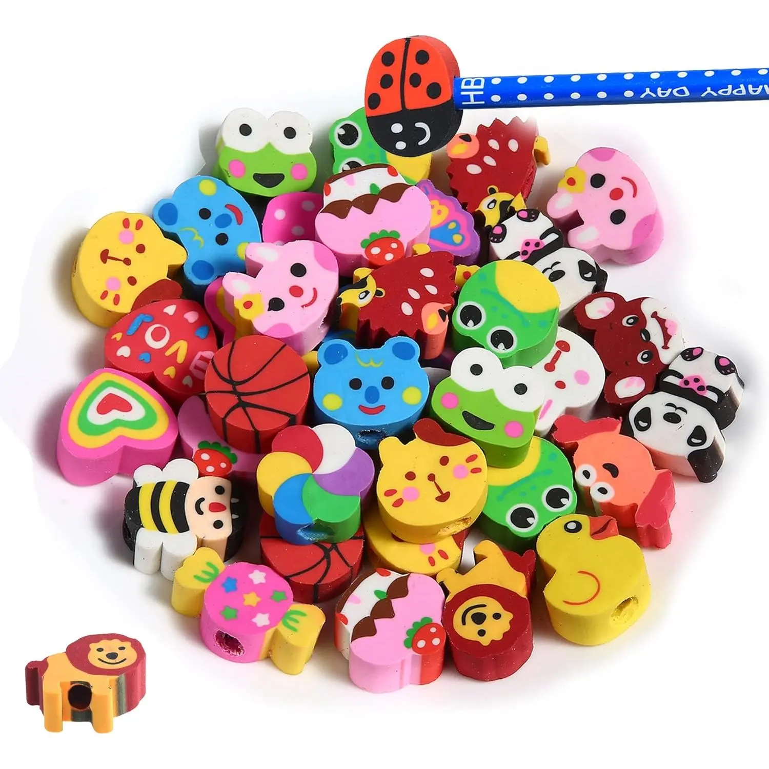 SQ-MTS002 35PCS Cute Animal Fruit Pencil Topper Rubber Erasers for Kids, Bulk Back to School Party Gifts, Fixes Paper Writing Errors (Pattern Random, Suitable for All Ages)