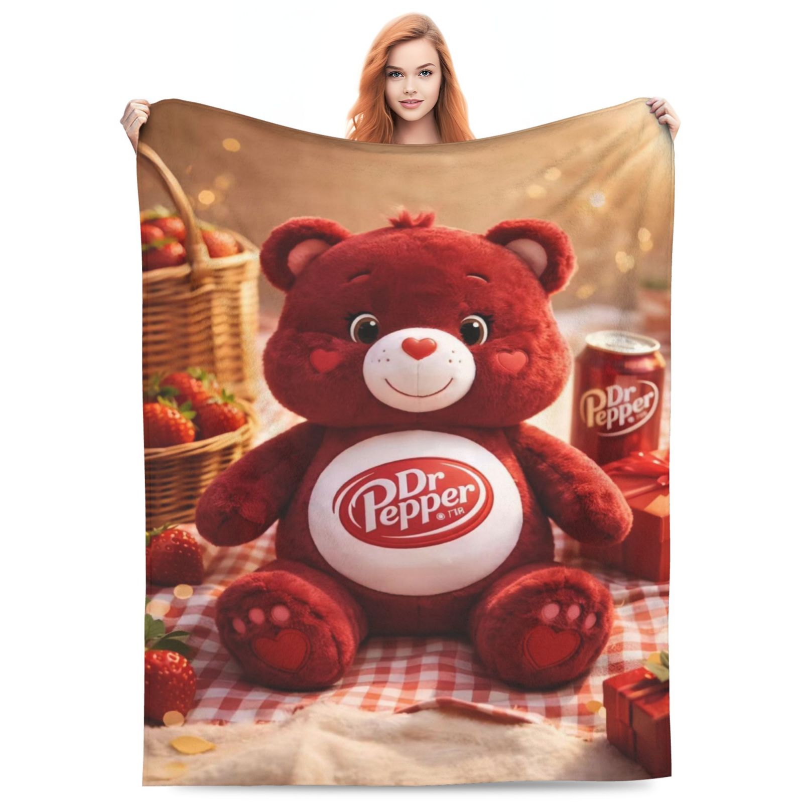 Dr Pepper Care Bear Plush Fleece Blanket, Cute Soda Bear Throw Blanket