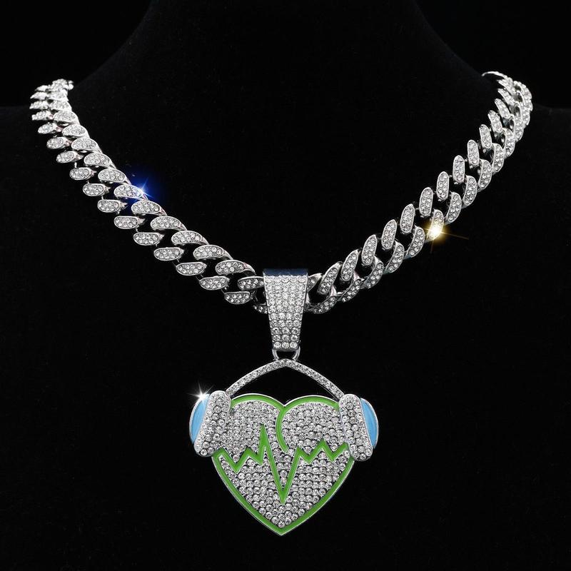 14K Gold Plated with Austrian Rhinestones- Music Heart Design Pendant Miami Cuban Link Chain Italy & Mexico Inspired Necklace for Men&Women Hip Hop Gift