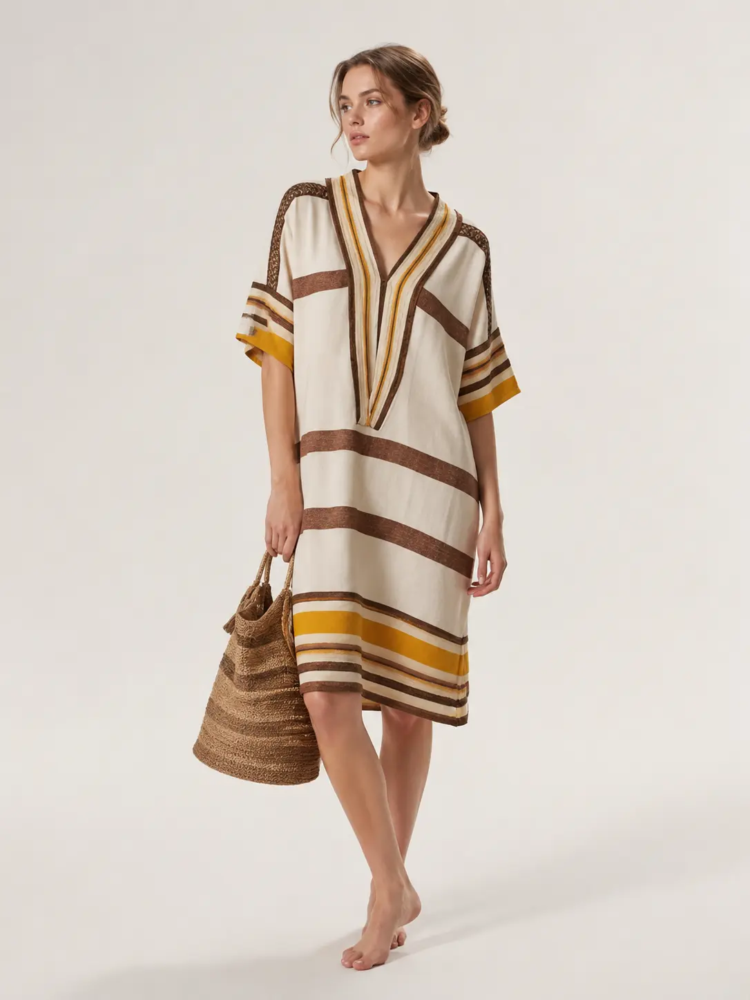 2026 Summer Women V Neck Striped Kaftan Midi Dress, Loose Short Sleeve Color Block Stripe Beach Cover Up Dress, Casual Vacation Summer Tunic Dress