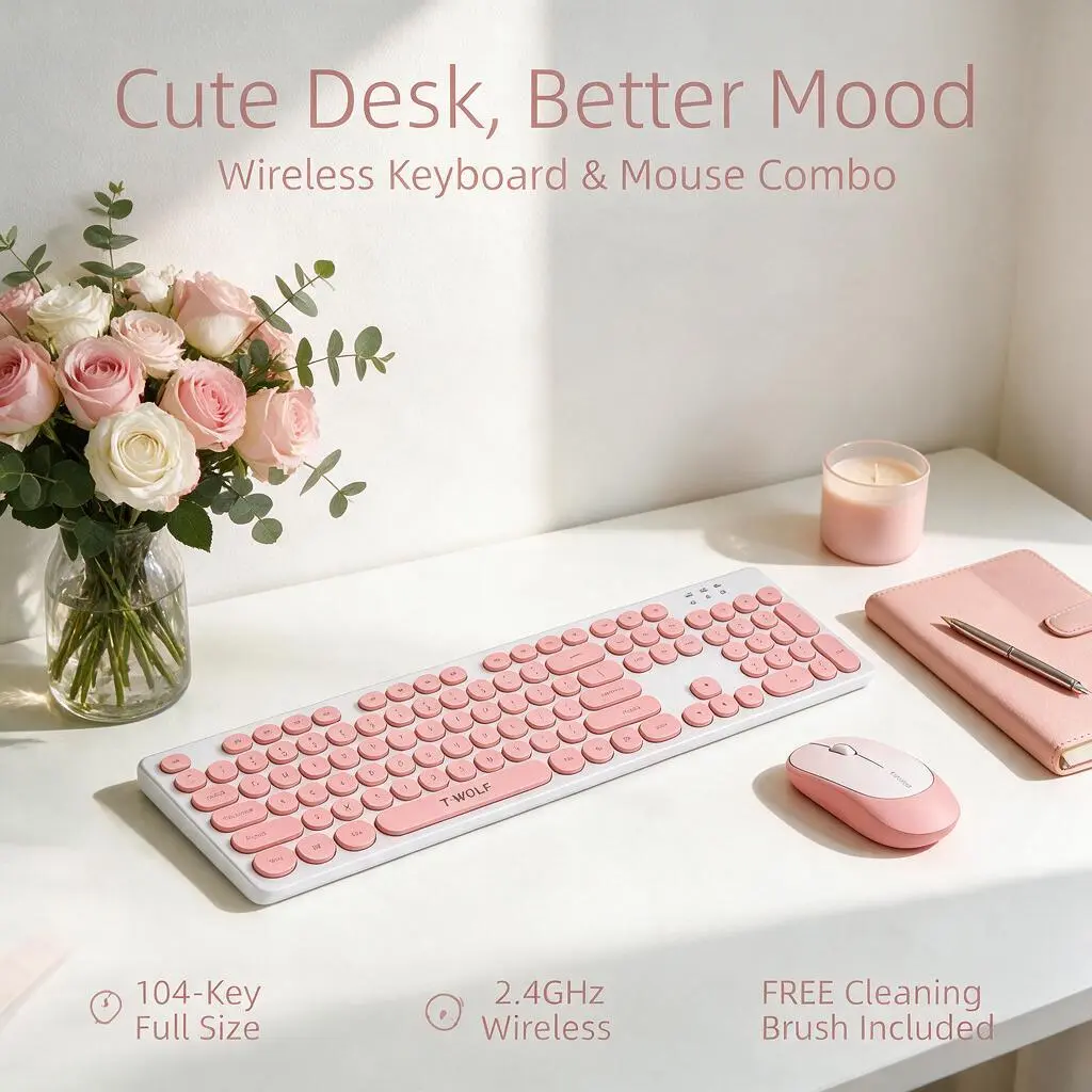 T-WOLF Pink Wireless Keyboard and Mouse Combo, Full Size 104-Key Cute Retro Keyboard, 2.4GHz Wireless, Round Keycaps, Plug & Play, FREE Cleaning Brush, Home Office, College Student, Desk Setup