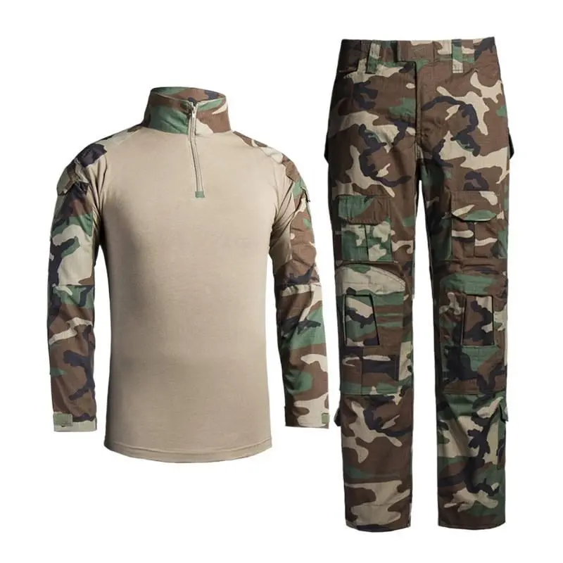 Men's Tactical Uniform Set with Camouflage Reflective Jacket and Pants in Water-Repellent Polyester-Cotton Fabric with Cargo Pockets, Long Sleeve