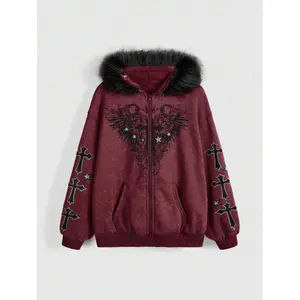 Women Dropped Shoulder Long Sleeve Lily Flower & Cross Rhinestone Distressed Hooded Sweatshirt For Autumn/Winter,Long Sleeve Tops Graduation,Back To School Outfits,Graduation,Teacher Outfits For Women,Back To School Fabric Faux