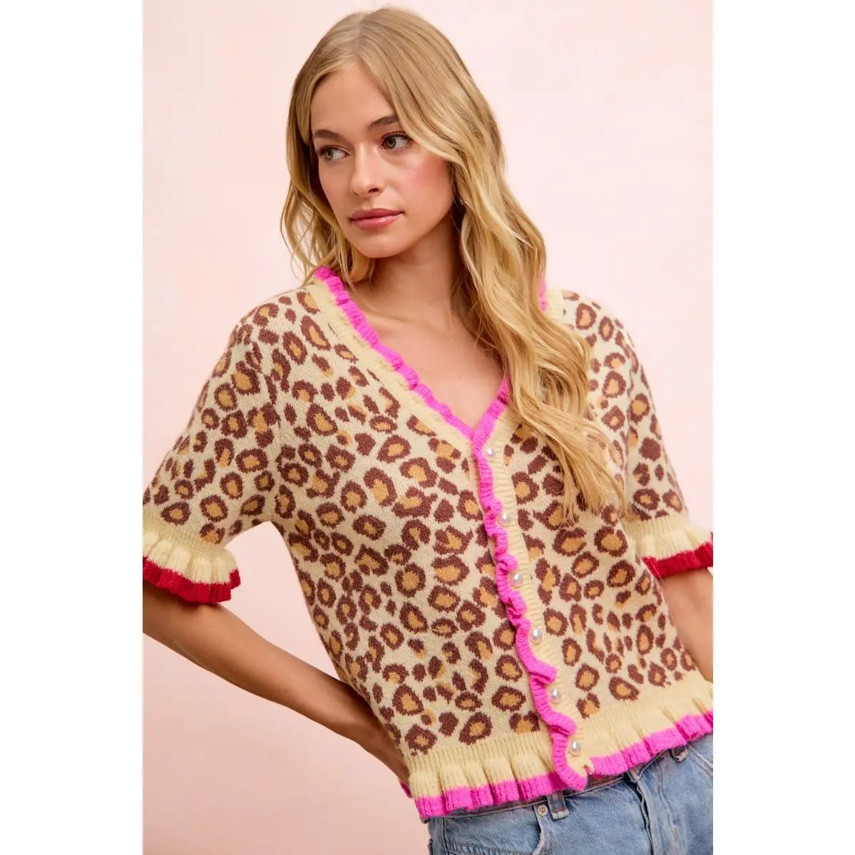Women's BiBi Leopard Print Stretchy Soft Knit Cardigan, Ruffled Detail Button-Up Tops, Knitwear