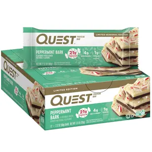 Quest Nutrition Peppermint Bark Protein Bar, 21g Protein, 4g Net Carb, 1g Sugar, Gluten Free, 12 Count