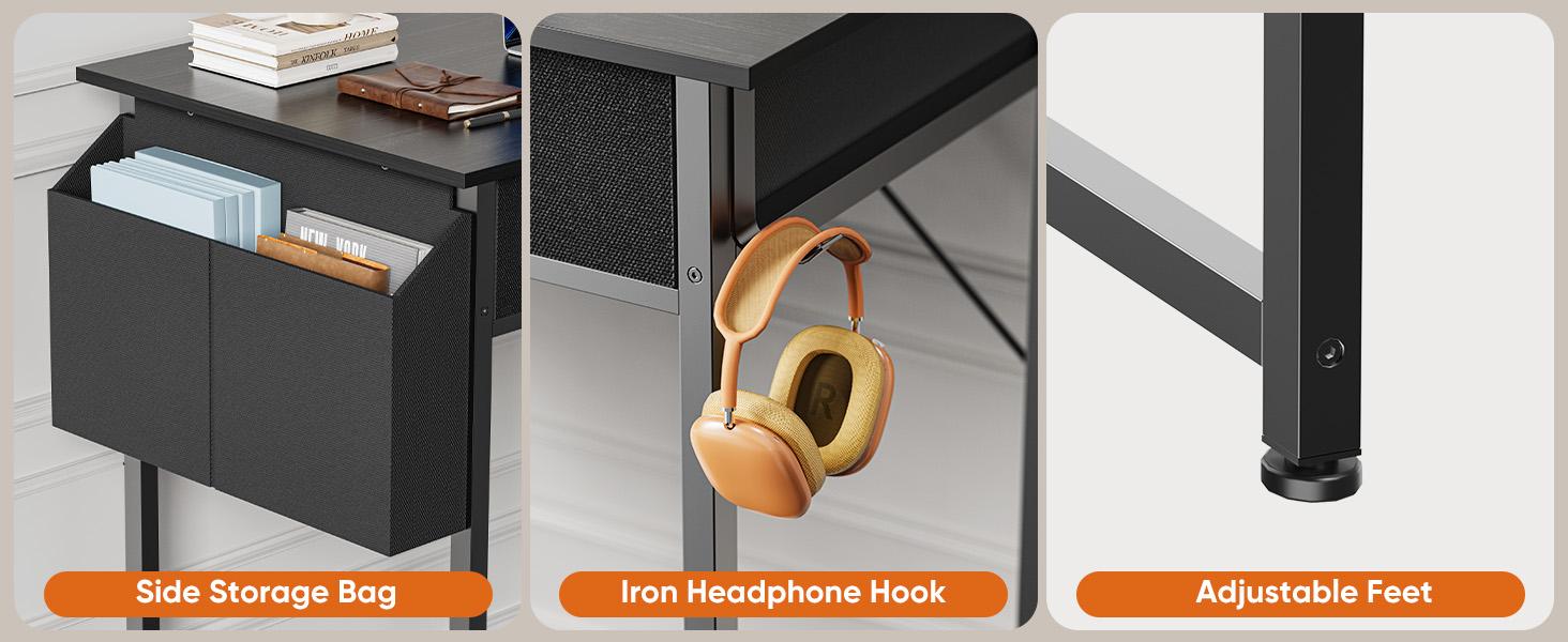Computer Desk with Drawers Study Writing Table with Storage Bag Headphone Hook Adjustable Feet for Home Office Small Spaces