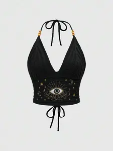 Hippie Women Summer Boho Style Chic Moon & Star Embroidery Knit Top, Green & Blue Colors