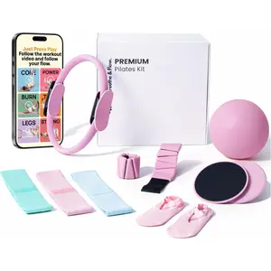 Essential Pilates Equipment Kit - Complete  Workout Set with Pilates Ring, Pilates Ball, Resistance Bands, Ankle Weights, Sliding Discs & Grip Socks - Guided Full  Workout Video
