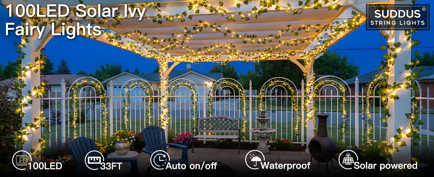 Solar Ivy String Lights Outdoor Waterproof, 33Ft 100 LED Fake Vines with Lights, Artificial Greenery Leaf Fairy Light for Privacy Fence, Wall, Patio, Garden, Balcony Decor (Warm White)