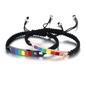 OIDEA Rainbow Pride Couples Bracelets Set, Stainless Steel CZ Bar Braided Rope Adjustable LGBTQ Wristbands, 2 Pack