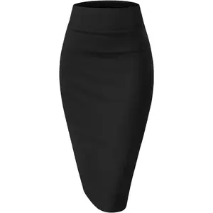Women's Premium Nylon Ponte Stretch High-Waist Below-Knee Pencil Skirt - Plain Solid Black, Cotton Blend, Basic Chic Elegant Minimalistic Women's Bottoms Clothes 1073T