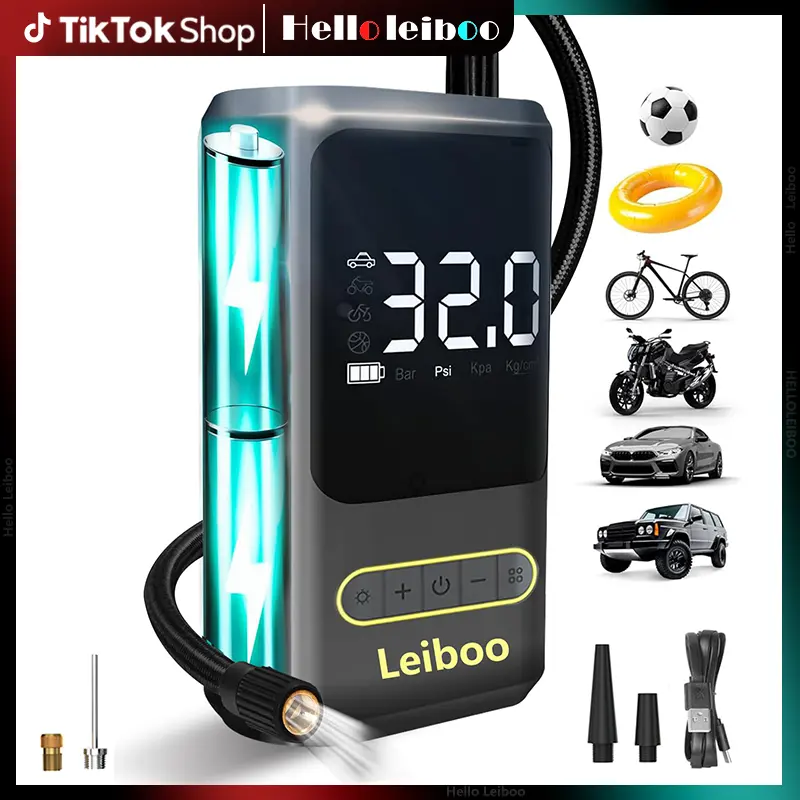 LEIBOO Cordless Car Tire Inflator Portable Air Compressor with High-Capacity Battery Wireless Digital Display Enhanced Safety for Cars & Inflatables Onboard Tools Emergency Power Supply Tire Pressure Monitoring and Repair Kits - Car Accessories!
