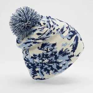 Vintage Floral Beanie - Handcrafted with Intricate Blue Floral Pattern & Coordinating Pom for Timeless Elegance