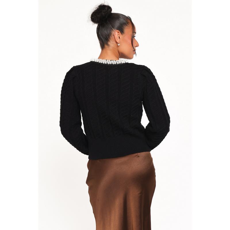 Sheena Rhinestone Collar Holiday Cardigan - Black