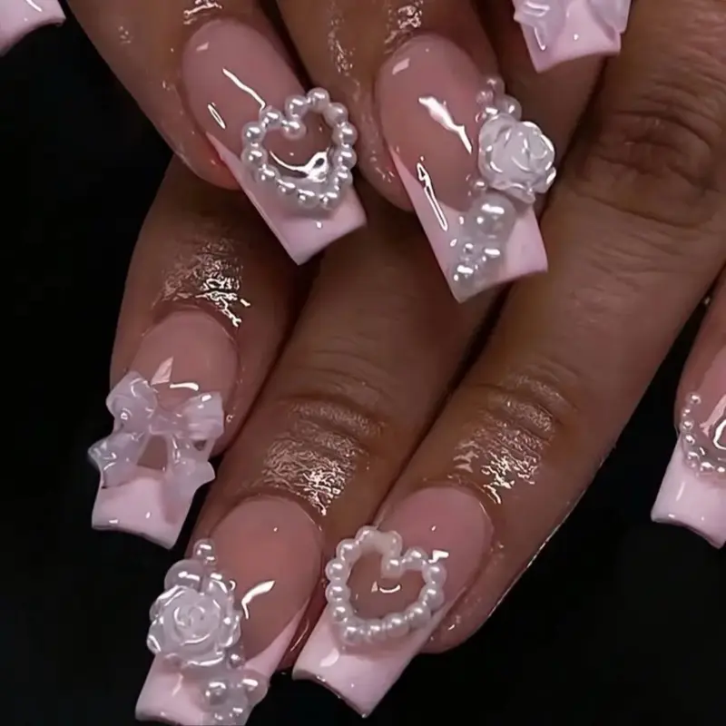 Medium Pink Heart Coffin-French Tip Press-On Nails with Pearl Decals