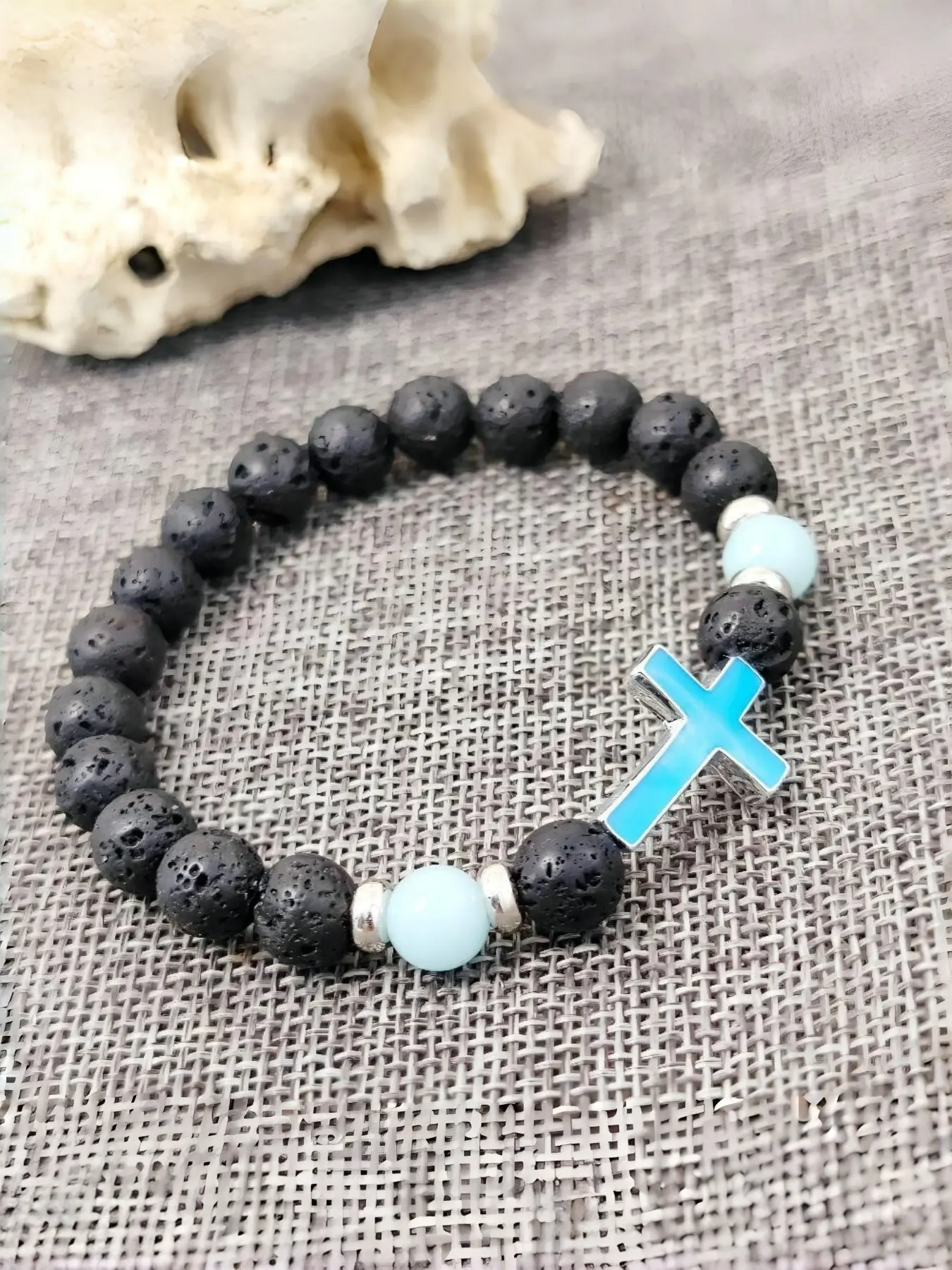 Natural Volcanic Stone Glow-In-The-Dark Vintage Bracelet, Multicolor Luminous Cross Bead Jewelry, Unique Handmade Accessory, Alloy Chain Bracelet
