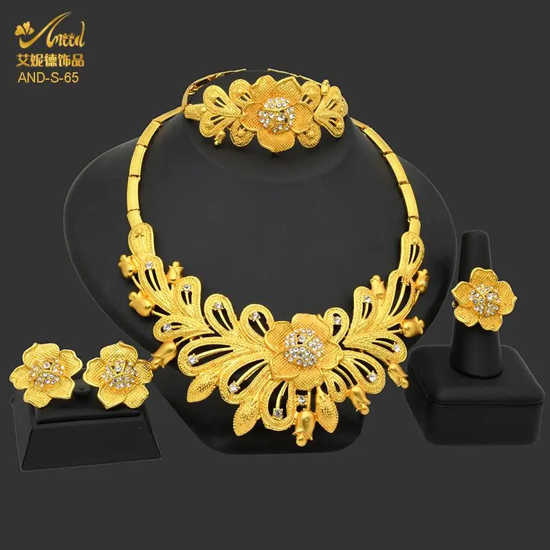 Gold Plated Jewelry Sets for Women, 4-Piece African Ethnic Motif Necklace, Bracelet, Earrings, and Ring, Dubai Style for Bridal Weddings and Parties, African Fashion, Ethnic Motif Jewelry Sets, African Style Jewelry Sets