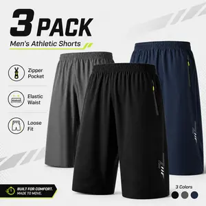 Men’s 3-Pack Lightning Print Quick-Dry Shorts — Ice Silk Mid-Thigh Sports Shorts, Moisture-Wicking, Quick-Dry, Lightweight, Elastic Waist Loose Fit, Zipper Pockets; Suitable for Fitness, Running, Training, and Casual Wear—Summer Men’s Sport Casual Shorts