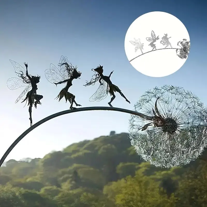 Whimsical Dynamic Flower Fairy & Dandelion Metal Garden Stake, Durable All-Season Wall Art, Ideal Valentine's Day Gift, Garden or Patio Decoration, Garden Accessories, Garden Sculptures Statues