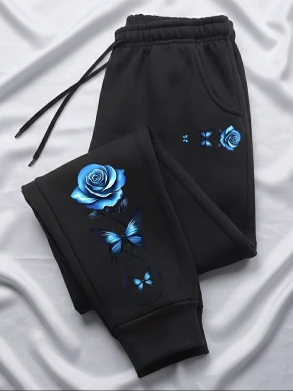Casual High Quality Outdoors Women's Pants Sweatpants with Blue Rose & Butterfly Print Elastic Band Trousers Jogging Drawstring Sports