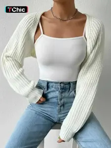 Women's Solid Raglan Sleeve Open Front Crop Shrug Cardigan, Casual Long Sleeve Knitwear for Spring & Fall, Fashion Women's Knit Clothing for Daily Wear Womenswear